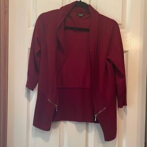 Premise Studio/Red Draped Cardigan with Zipper Accents